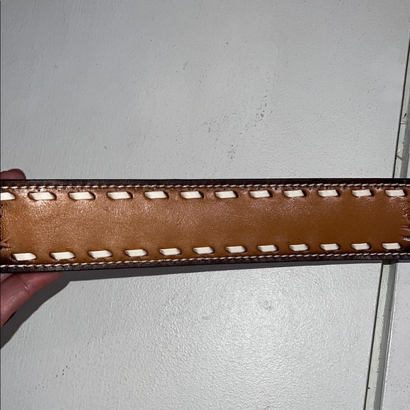 Ranch Pal Brown and Tan Tooled Leather Belt  size 38 armadillo, buckle - Picture 10 of 12